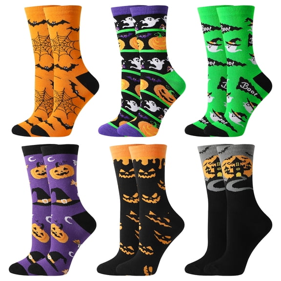 Bocaoying 6 Pairs Halloween Socks for Women Girls, Pumpkin Skeleton Socks, Bats Pumpkins Ghosts Print, Crazy Funny Dress Novelty Cute Sock,Halloween Gifts for Women Girls