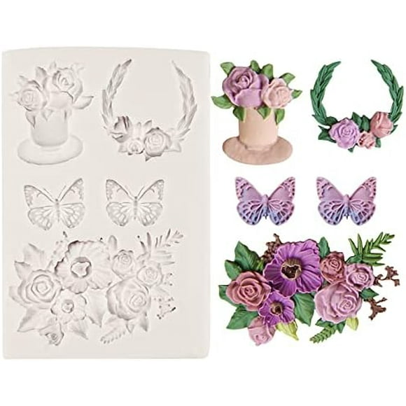 yeuweold Rose Fondant Molds, Flower Pot Bouquet Butterfly Chocolate Cake Decorating Silicone Molds for Cupcake Topper