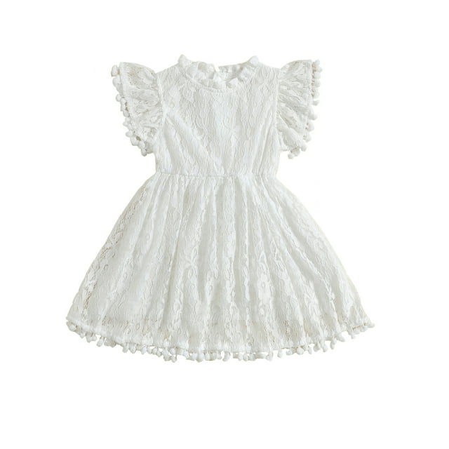 xiaxaixu Bambin Filles Été une Ligne Robe Manches Courtes O Cou Dentelle Robes Florales Pompon