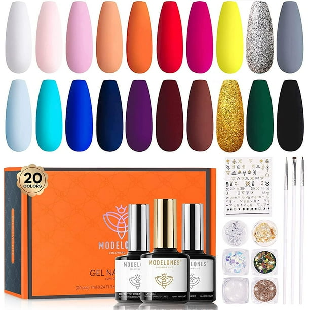 Modelones 20 Colors Gel Nail Polish Kit, 33 Pcs Soak Off Gel Polish