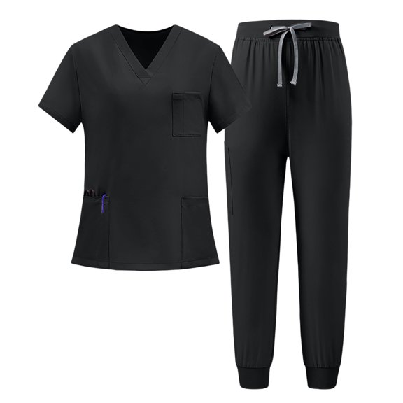 VV AVEORS Women Scrubs Set V-Neck Stretch Tops With Pockets & Cargo Pants Jogger Nurse Work Uniform Quick Drying Nursing Uniforms Black M