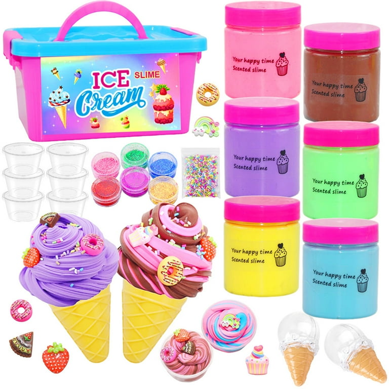 Fluffy Butter Slime Kit for Girls， FunKidz Ice Cream Slime Making Kit DIY  Yummy Cake Fruit Candy Scented Slime with Berry Donut Charms Candy  Sprinkles