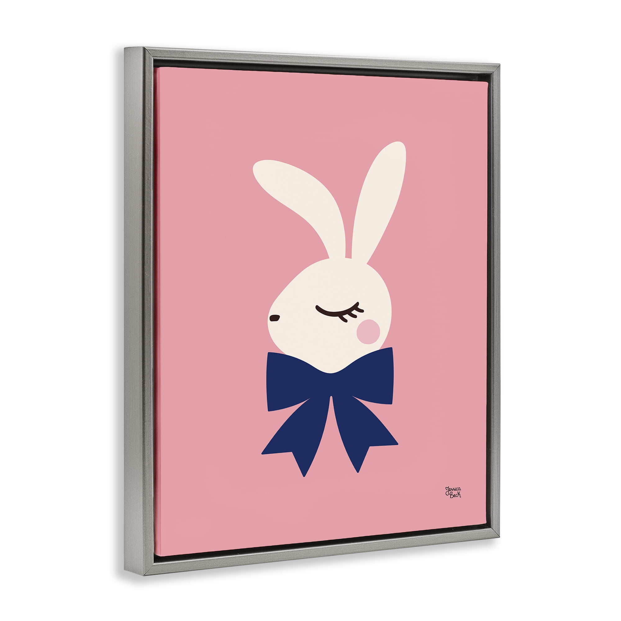 Stupell Industries Rabbit with Ribbon on Pink Animals Painting Gray Floater Framed Canvas Art Print Wall Art, 25 x 31