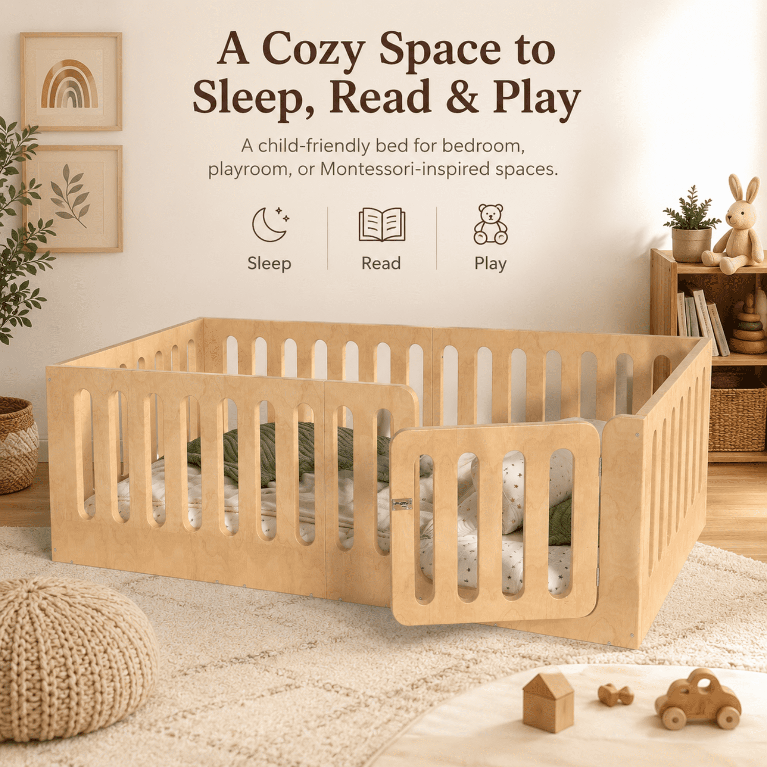 Miniyam Twin Floor Bed for Kids with Door and Guardrails, Low-Profile Wood Bed Frame, Natural