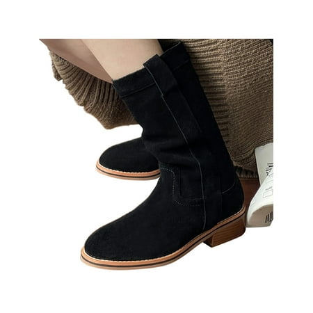 

SIMANLAN Ladies Wear Resistant Winter Shoes Lightweight Mid Heel Mid-Calf Boot Casual Non-slip Block Boots Black 4.5