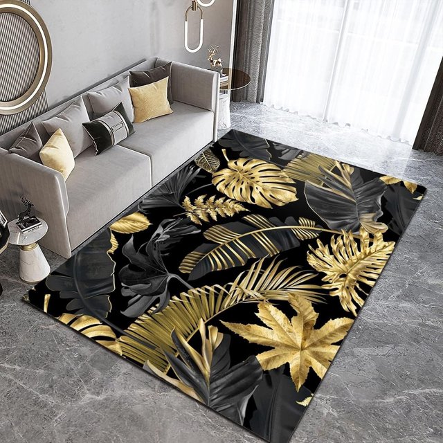 Black Gold Tropical Plants and Flowers Area Rug, Modern Light Luxury Pattern Rugs Color Long Indoor Non-Slip Washable Carpet,Suitable for Entrance Hall,Living Room,Kitchen(4x5ft