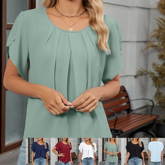 Vmvidoty Womens Plus Size Tops Dressy Casual Summer Chiffon Blouses Short Sleeve Dress Shirts Business Loose Fit Tunics Green M