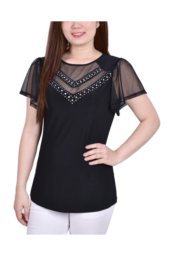 Studded Short Flutter Sleeve Top With Mesh Details