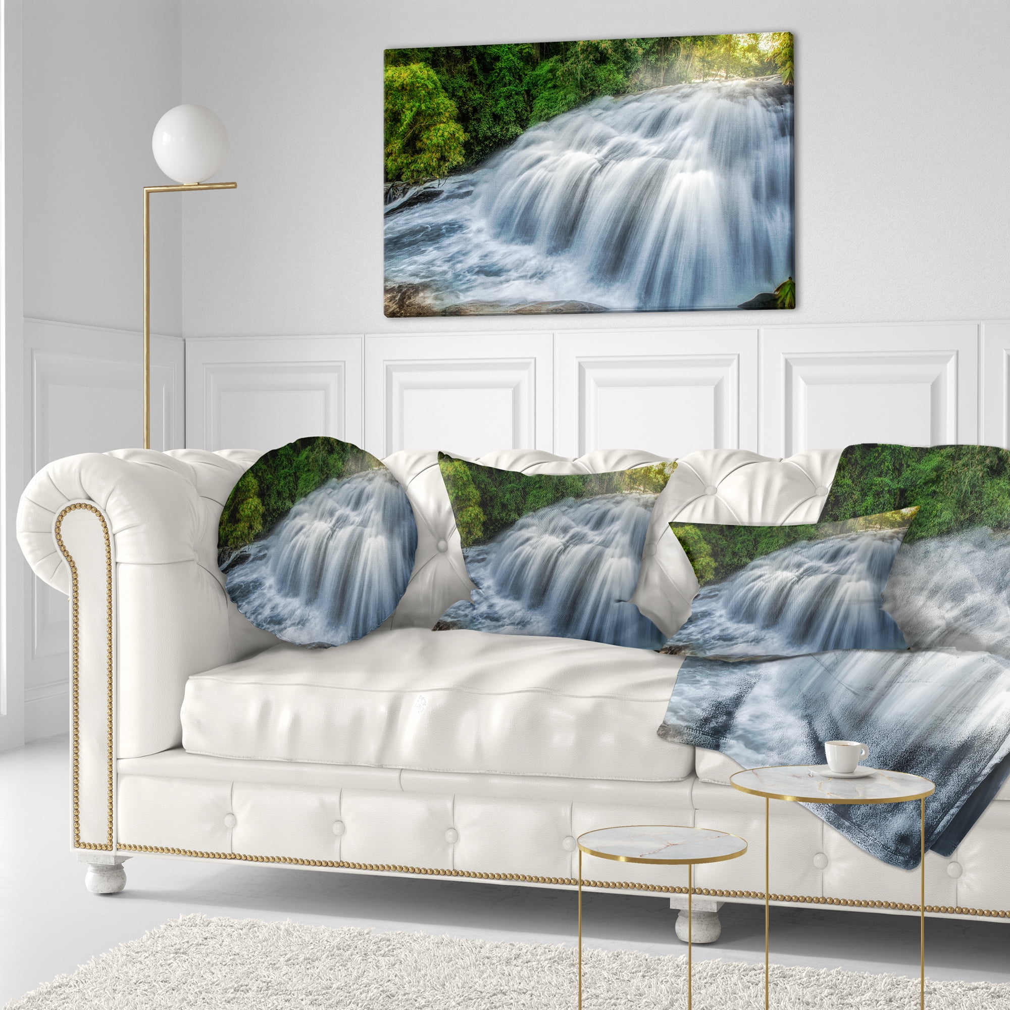 Designart Flowing Pha Dokseaw Waterfall - Landscape Photography Throw Pillow - 12x20