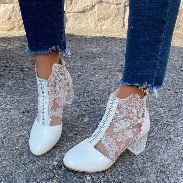 Botas transpirables para mujer, zapatos de tacón grueso con encaje calado a la moda Wmkox8yii shkj1049