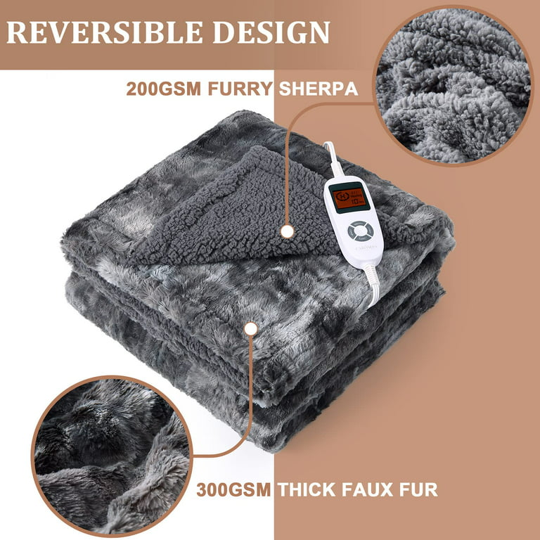 Heated Blanket Electric Throw - Sherpa Fast Heating Blanket Throw with 10  Heating Levels & 1-10 Hours Auto Off Machine Washable Heated Throw, 50 x 60  Inch, Grey 