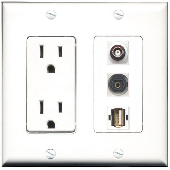 RiteAV - 15 Amp Power Outlet 1 Port USB A-A 1 Port Toslink 1 Port BNC Decorative Wall Plate