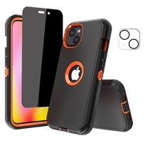 NIFFPD iPhone 14 Plus Case with Screen Protector (Anti Spy Privacy) Camera Lens Protector, Heavy Duty Hard Shockproof Phone Case for iPhone 14 Plus 6.7" Black Orange