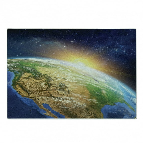 Outer Space Cutting Board, Celestial View of Sunrise over the Planet Earth with Star Field Pacific Ocean, Decorative Tempered Glass Cutting and Serving Board, Small Size, Multicolor, by Ambesonne