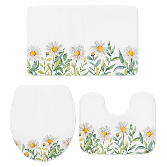 Daisy Flower Bath Mat 3 Piece Bathroom Rug Set, Garden Floral Green Leaf Summer Spring Non Slip Bath Rug Contour Mat and Toilet Lid Cover, Absorbent Shower Mats Soft Bath Rugs and Mats Sets