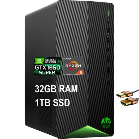 HP 2021 Flagship Pavilion Gaming Desktop Computer AMD Hexa-Core Ryzen 5 4600G (Beats i7-8700T) 32GB RAM 1TB SSD GeForce GTX 1650 Super 4GB USB-C Bluetooth5 Win10 Black + HDMI Cable