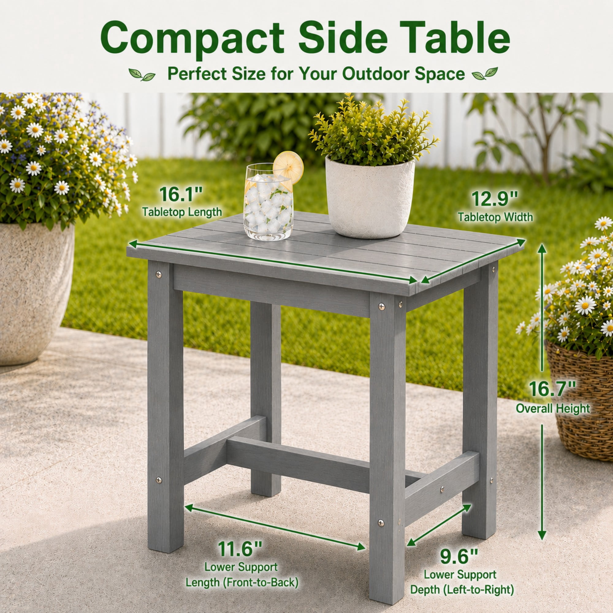 Y&M Outdoor Side Table, HDPE Patio End Table for Adirondack Chair, Weather Resistant Small Accent Table, Gray, Single Layer