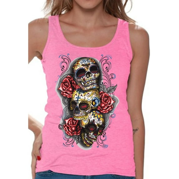Awkward Styles Three Sugar Skull Tank Top for Women Sugar Skull Tank Day of the Dead Sleeveless Shirt for Women Halloween Gifts Dia de los Muertos Outfit Sugar Skulls Tank Top Skull Red Roses Tank