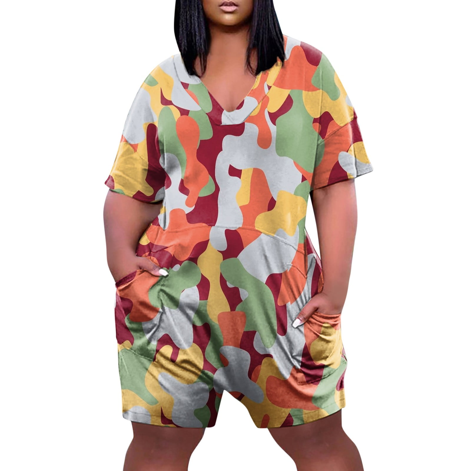Fashion Gift! MIARHB Plus Size V Neck Short Sleeve Pocket Knee Pocket  Casual Printing Jumpsuit for Women womens tops Navy XXXL