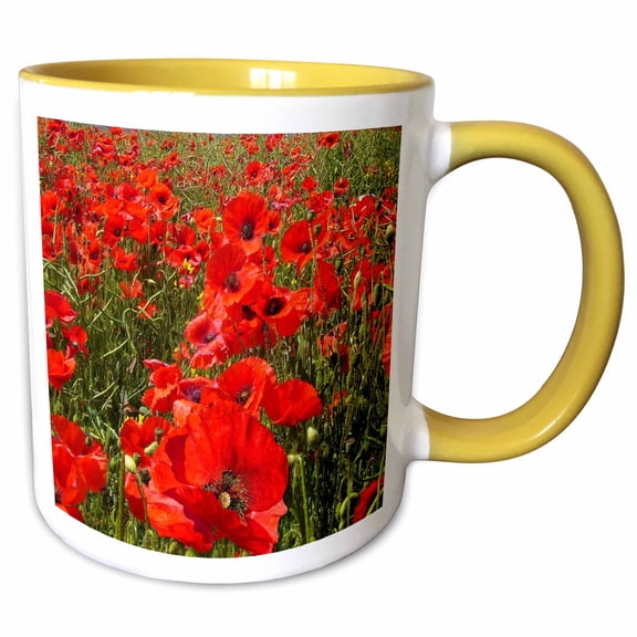 3drose, Poppy Flower Field. Poppy Flowers. Popular Image., 15oz Two-tone Yellow Mug
