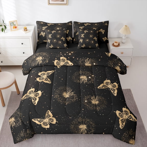 jejeloiu Cute Butterflies 7-Piece Twin Bedding Sets,Rustic Dandelion Bedding Comforter Set,Gold Black Sheet Sets For Princess,Super Cozy Room Decor Reversible