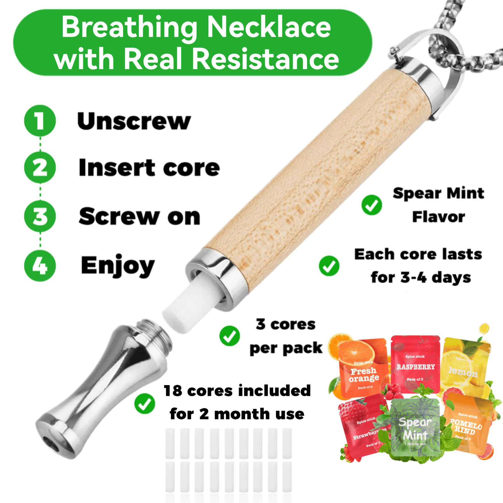 Breathing Necklace to Replace Bad Habit with 6 Packs Flavor Refillable Pods, Habit Support Necklace for Stress Relief Sensory Fidget for Adults