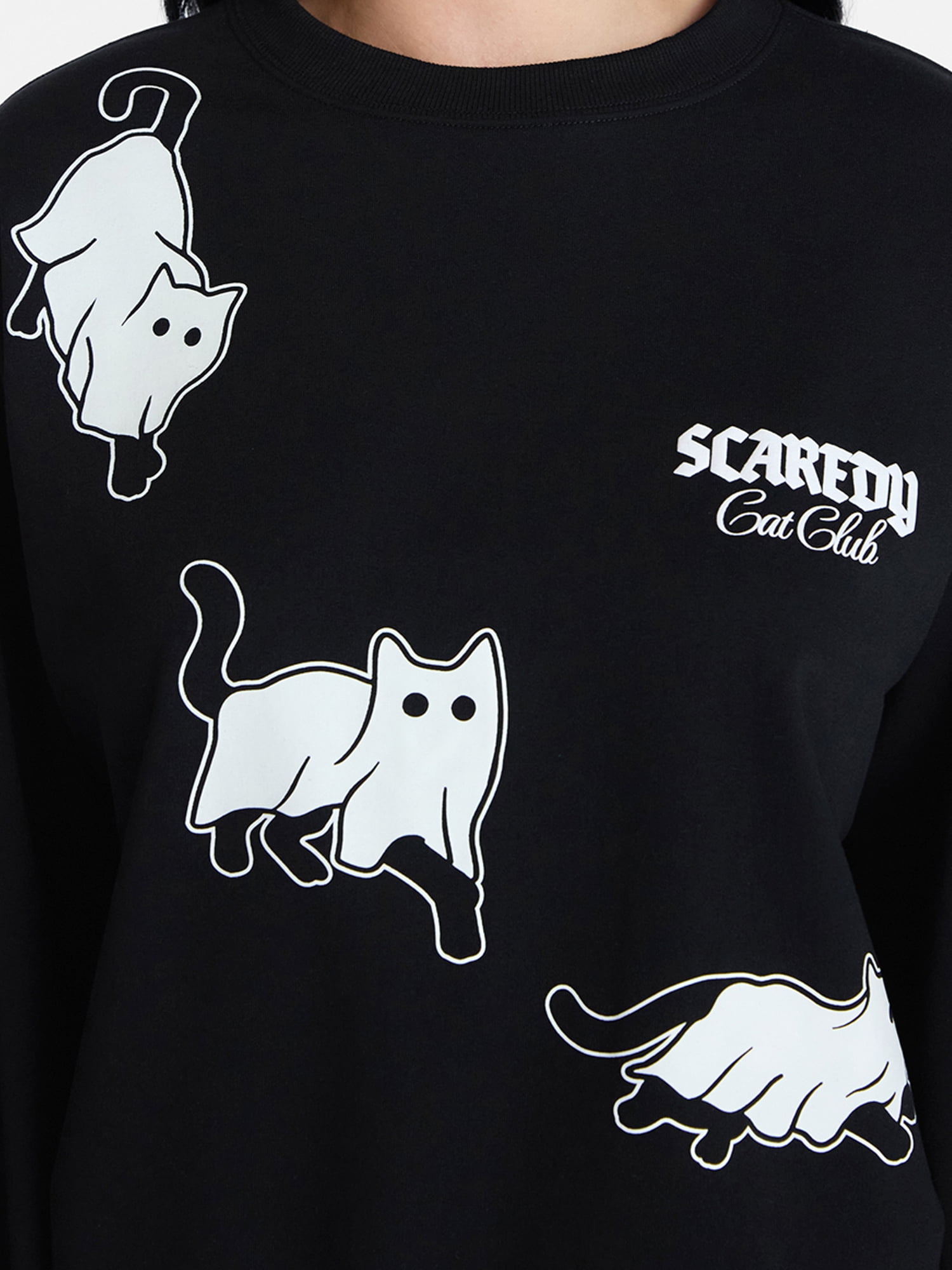 Scaredy Cat Club Women's Halloween Graphic Crew Pullover, Sizes XXS-XXL