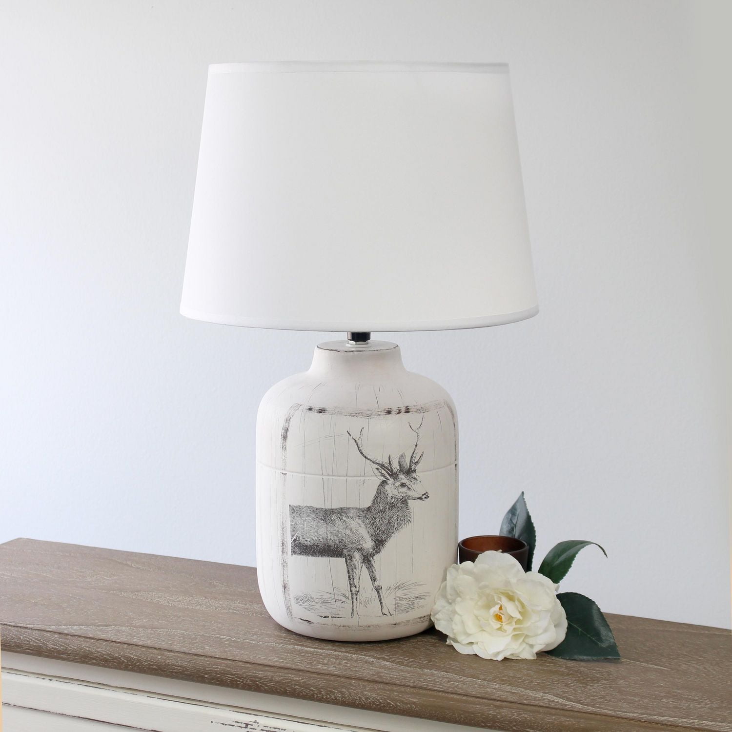Simple Designs Rustic Deer Buck Nature Printed Ceramic Farmhouse Accent Table Lamp with Fabric Shade