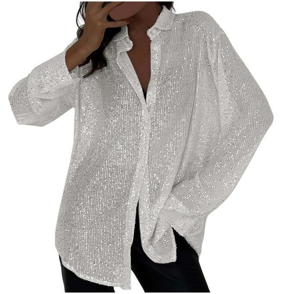 tarylea Trendy Tops for Women Sequin Turndown Collar Shirts Button down Long Sleeve Tops Casual Dailywear