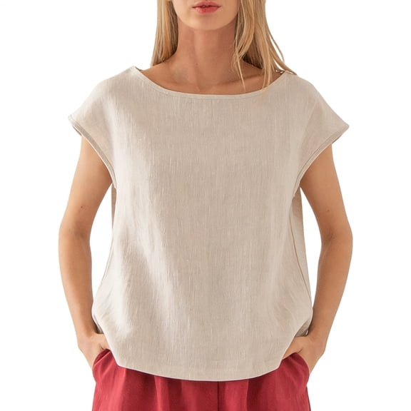 Linen T Shirts for Women Crew Neck Fashion Casual T Shirts Summer Loose Fit Tops for Travel Dating Commuting