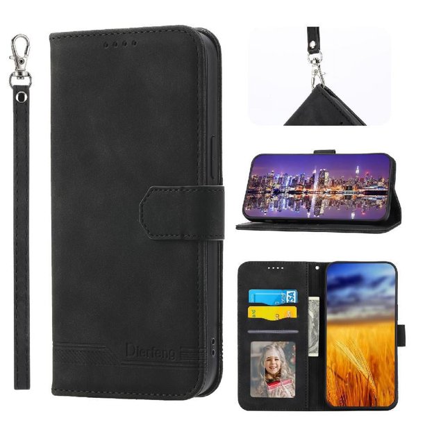 Funda Tipo Billetera para iPhone 16e Carcasa Abatible con Porta Tarjetas, Bolsillo para Efectivo, Soporte Ajustable, Cierre Magnético y Correa de Muñeca Negro
