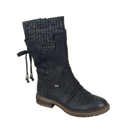 

boots solid color mid-calf winter casual women shoes sneakers lace up warm plush thick heel boots women plus size