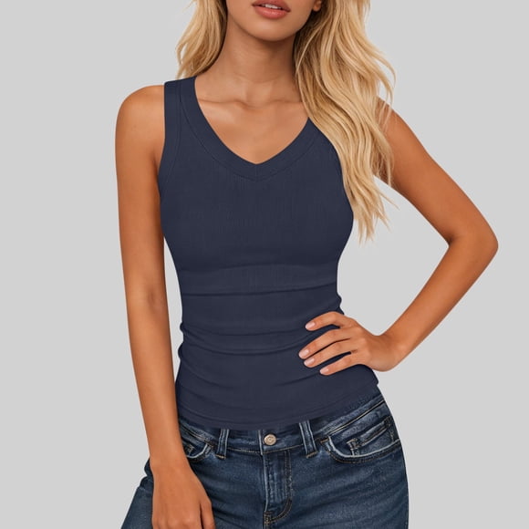 Blusas de Tirantes Acanaladas con Cuello en V para Mujer, Ajustadas, sin Mangas, Camisetas de Yoga para Entrenamiento y Correr, Color Sólido, Camisetas sin Mangas Casuales de Verano