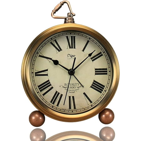 Golden Table Clock, Retro Vintage Non Ticking Desk Alarm Clock, Silent Quartz Movement HD Glass