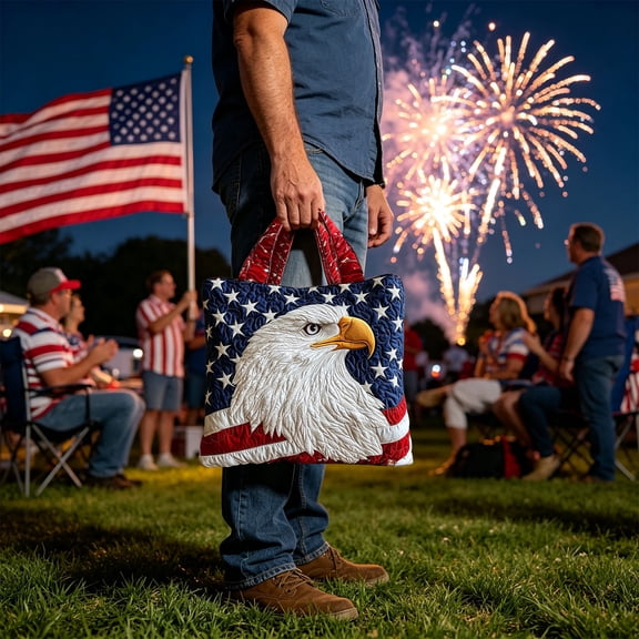 sruoe 4th of July Patriotic Tote Bag, Red White Blue American Flag & Bald Eagle Print Polyester Shoulder Bag, Large Capacity Multi-Size Tote for Independence Day, Parade and Summer Use
