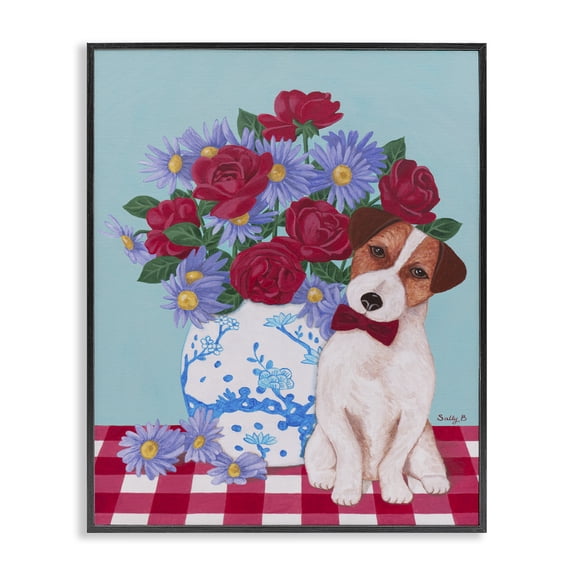 Stupell Industries Eclectic Flower Vase With Dog Black Framed Giclee Art, 11 x 14, by Sally B