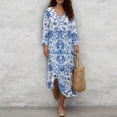 thumbnail image 4 of COEQINE Women's Bohemian Midi Dress 3/4 Sleeve Wrap V-Neck Casual Sundress, Loose Fit Linen-Like Calf Length Tunic Dress for Women, Machine Washable, Size S, Blue White Porcelain Floral, 4 of 6