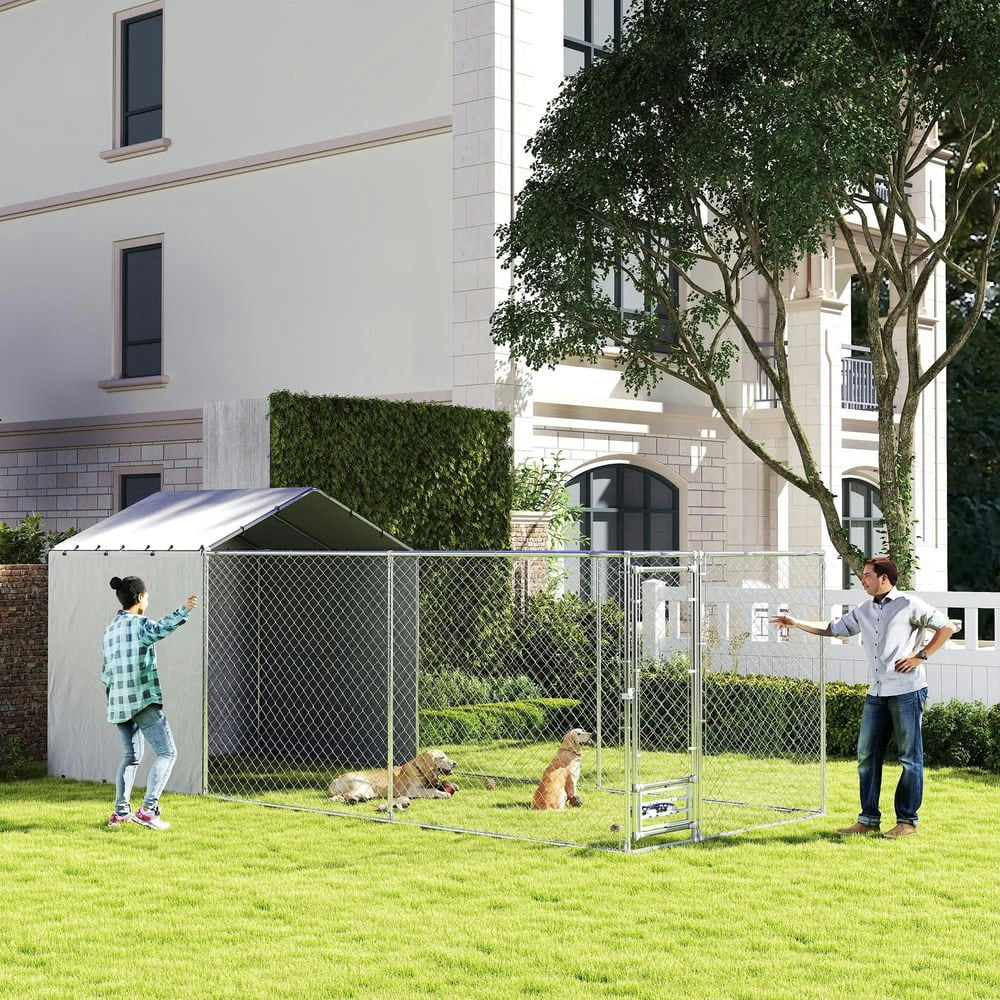 Canddidliike Galvanized Chain Link Large Outdoor Dog Kennel with Waterproof & UV-Resistant Cover, 19.7FT x 7.5FT x 7.5FT Dog Kennel for M&L Dogs, Silver