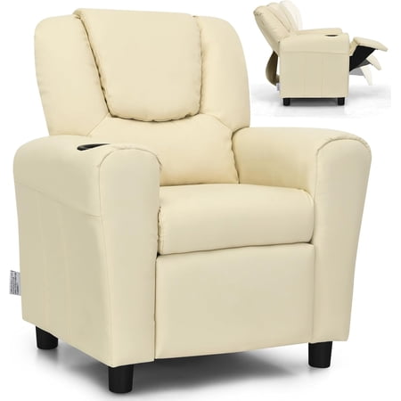 LDAILY Kids Recliner, PU Leather Kids Lounge Chair with Cup Holder, Adjustable Footrest, Ergonomic Toddler Furniture Sofa for Children, Boys & Girls, Living Room, Toddler Recliner, Beige