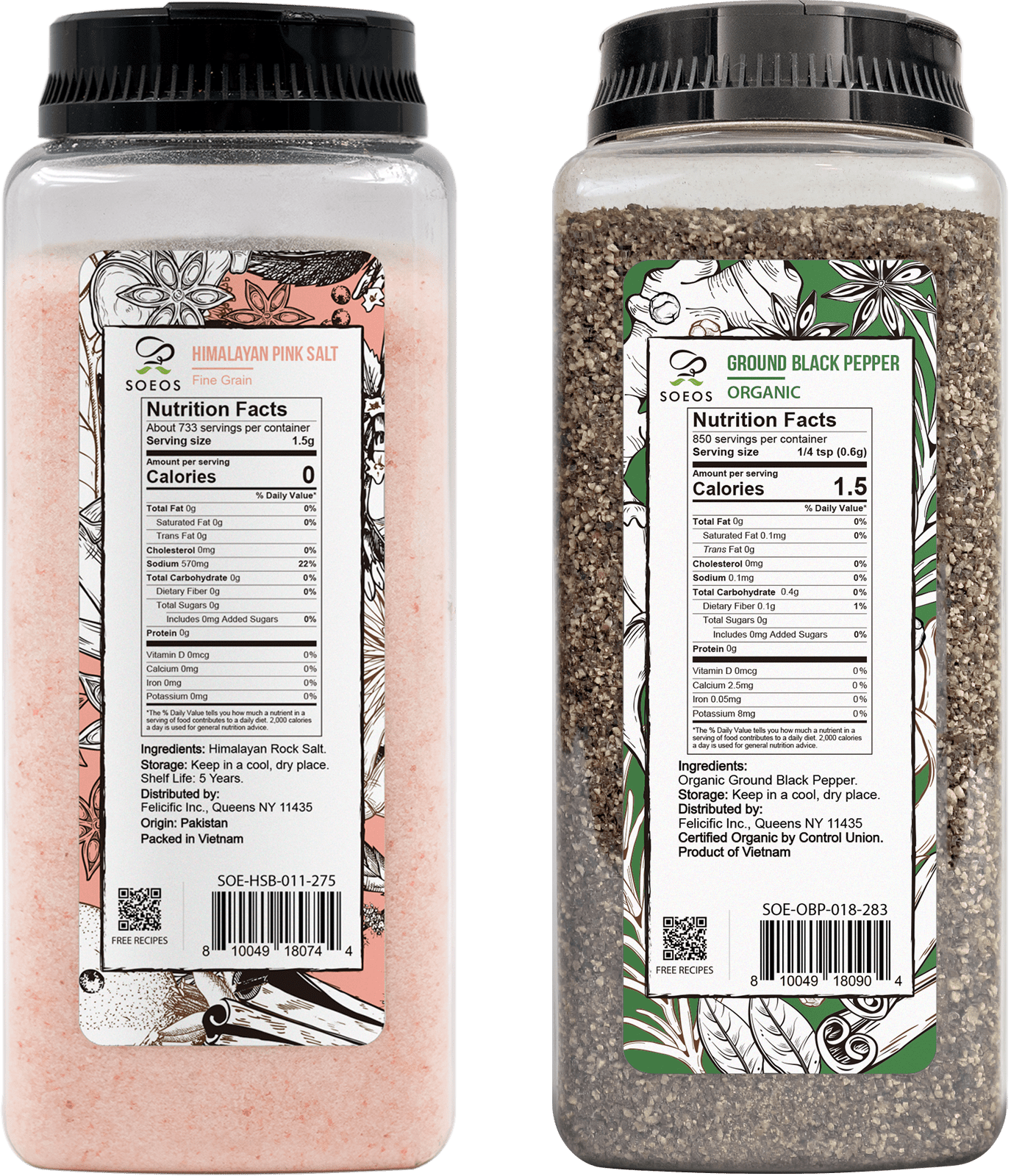Soeos Himalayan Pink Salt Fine Grain 39 oz, Pink Himalayan Salt, Organic Ground Black Pepper 18 oz, Organic Black Pepper, Salt and Pepper Set