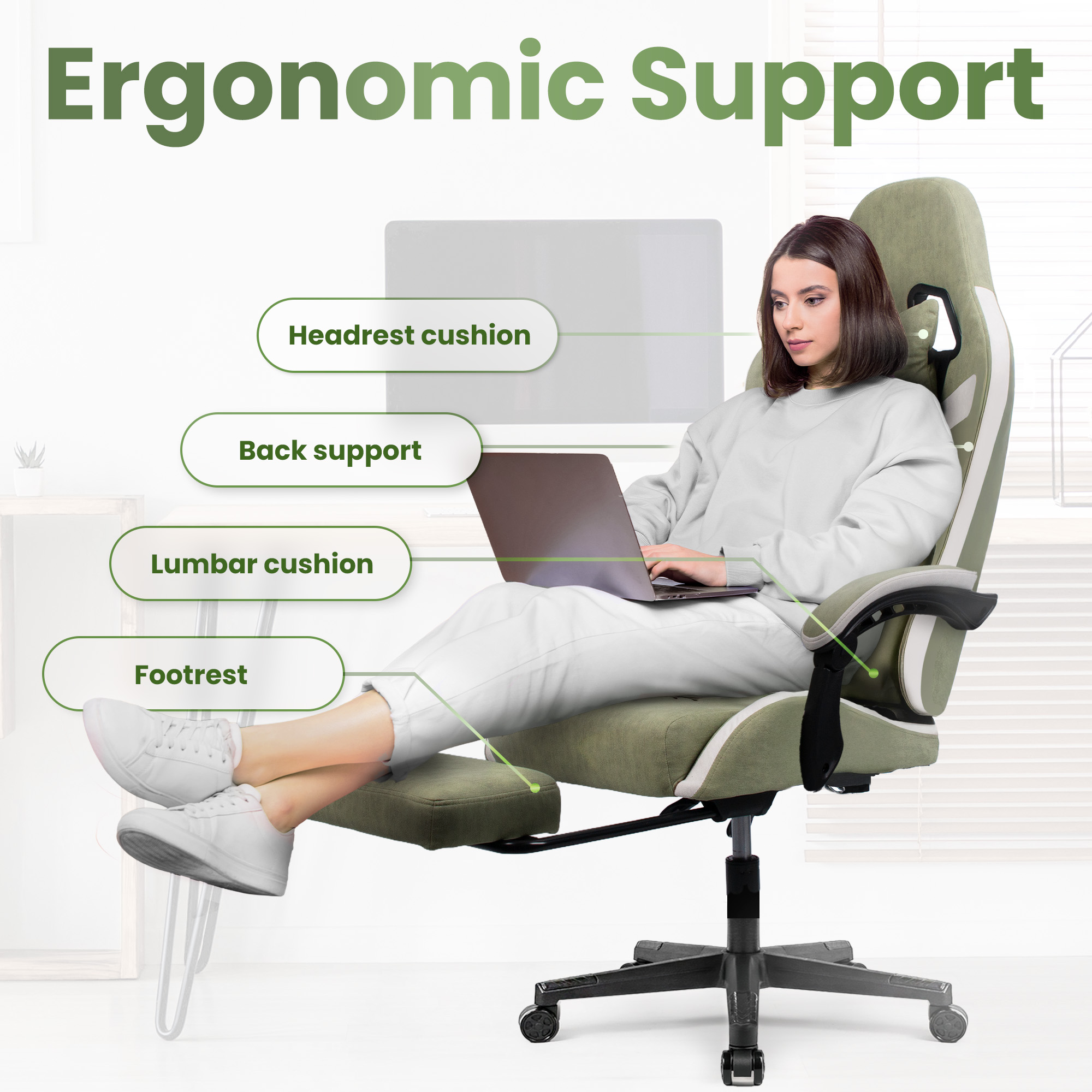 CELTOSS Adult Gaming Chair with Footrest and Lumbar Pillow, Green