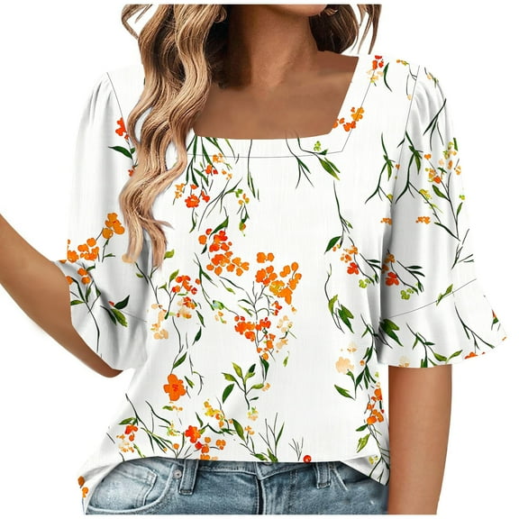MIUOWANP Womens Summer Casual Printed Tops Women's Fashion Summer Printed Short Sleeve Square Neck Loose Blouses White L