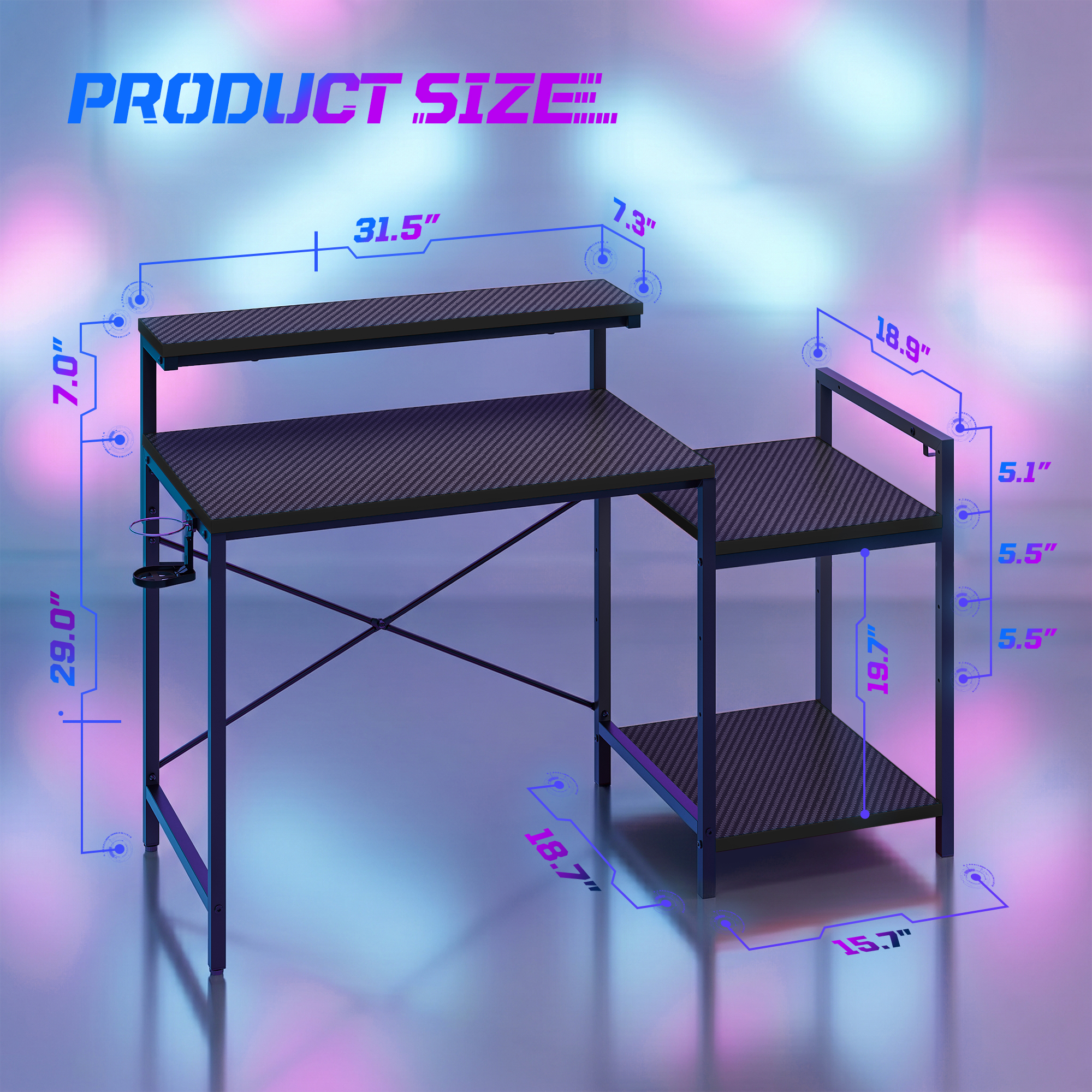 RSPGAME 47" Gaming Desk with Monitor Stand and RGB LED Lights photo 2