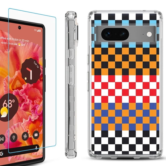 OneToughShield ® for Google Pixel 7a Shockproof Bumper Phone Case, with Tempered Glass Screen Protector - Colorful Checker