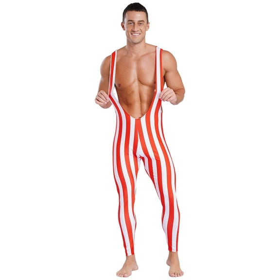 XUNZOO Mens Christmas Candy Cane Wrestling Singlet One Piece Dance Bodysuit Jumpsuit Red&White M