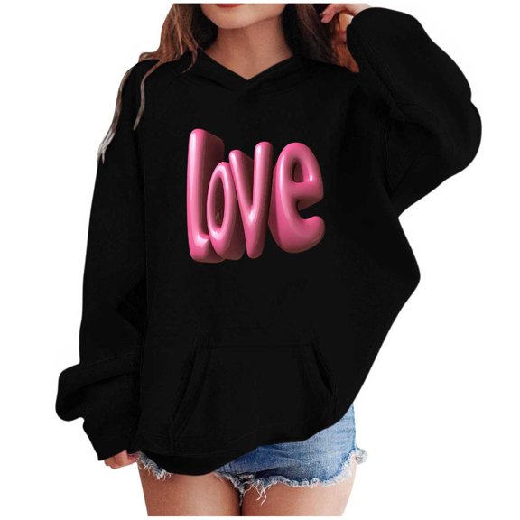 Lorytime Valentine Cute Hoodies for Girls Kids Long Sleeve Crewneck Sweatshirts Letters Tops with Pocket Loose Tops