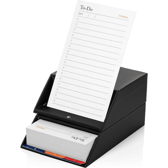 Notsu Centre Rise To Do List Card Box Set | 50 Foldable To-Do Vertical Notecards 3x5, Productivity Index Card Organizer Tab Dividers, Desk Card Holder Stand (Black)