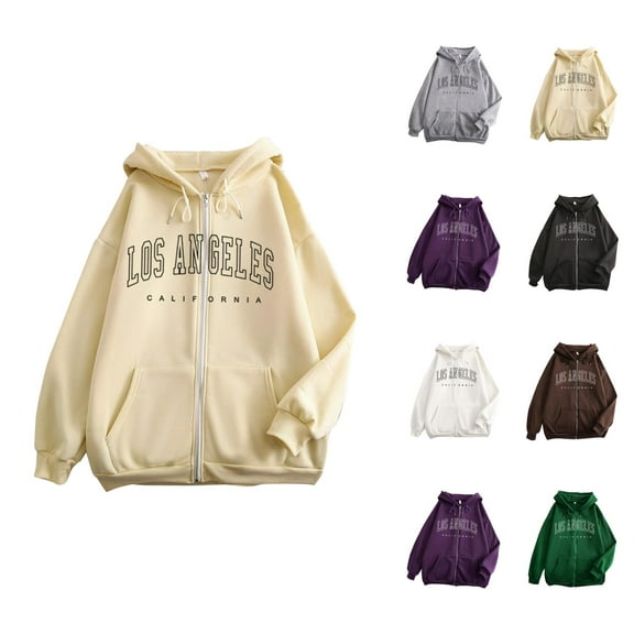 Los Angeles Hoodie 2025 Long Sleeve Zip Up Hooded Sweatshirt with Pockets Casual Streetwear Pullover Hoodies for Women