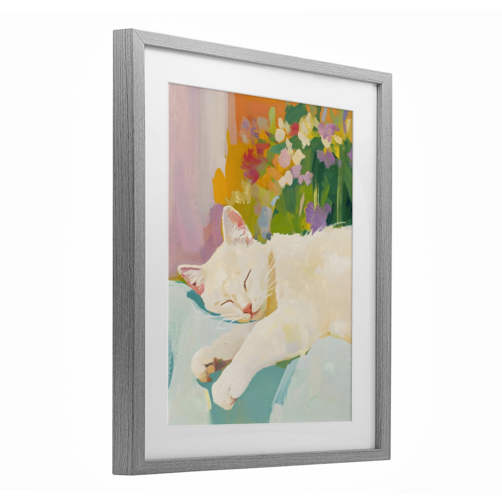 Stupell Industries Sleeping Cat with Flowers Gray Framed Print Under Glass, design by The Prints Vibe