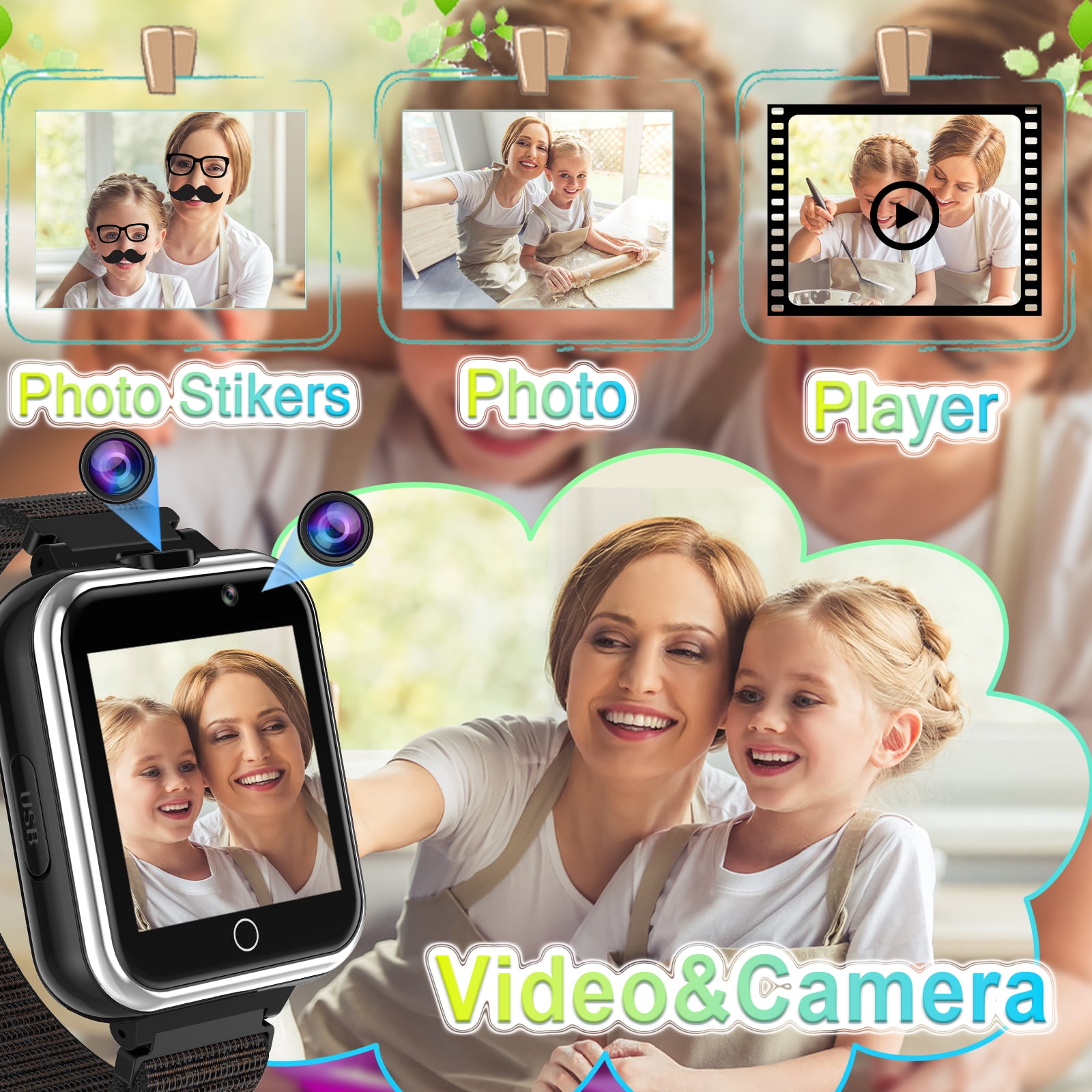 PTHTECHUS Kids Smartwatch Dual Camera Games Pedometer 1.54mm Black Plastic Case with Black Band
